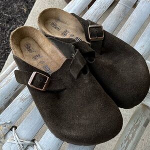 Birkenstock Boston chocolate brown suede leather mule clog shoes 37